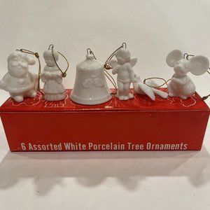 6 White Porcelain Christmas Holiday 2” Ornaments Vintage Made In Japan ‌IOB